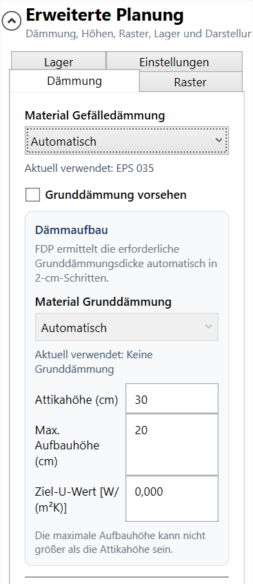 Erweiterte Dämmungs- und Aufbauhöhen-Einstellungen im FlachdachPlaner
