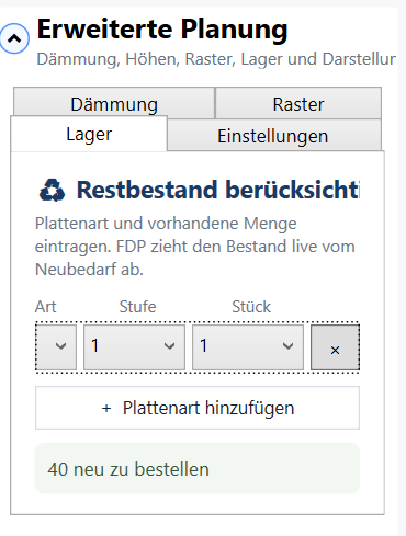 Restbestand und Lagerplatten im FlachdachPlaner